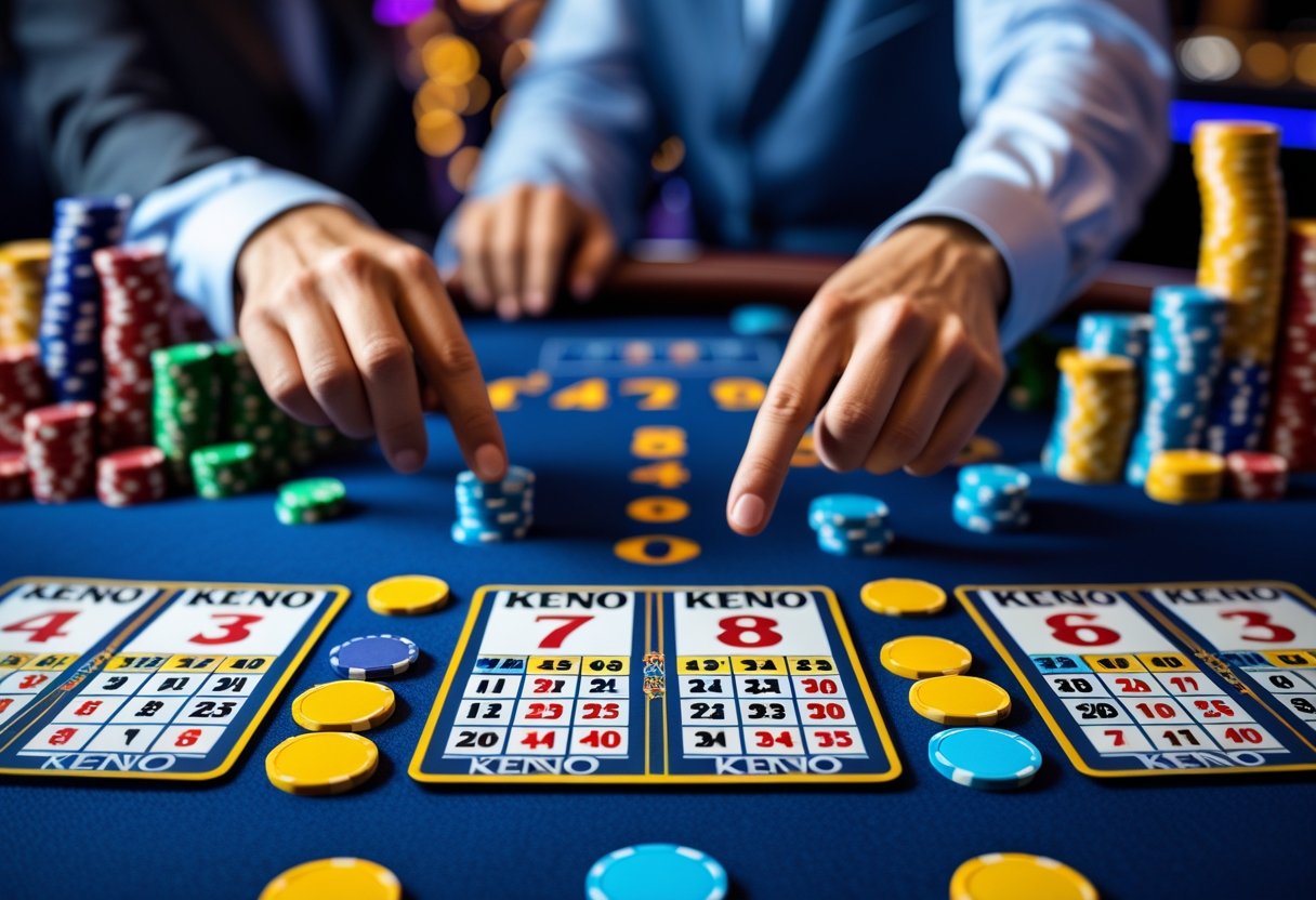 Close-up of a casino table with four Keno cards and colorful chips arranged for a jackpot strategy, with a player's hands placing chips.