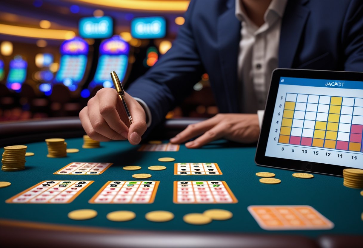A person studying four Keno cards and a digital device showing jackpot potential at a casino table.