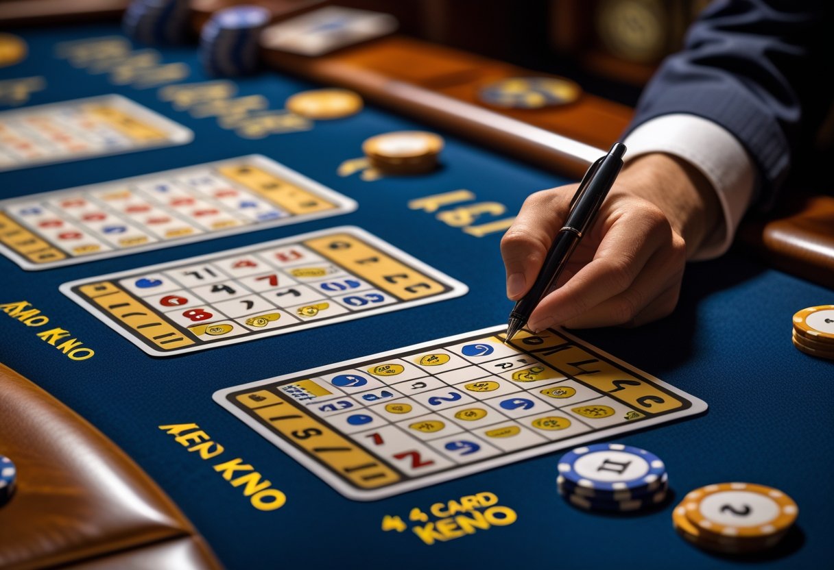 A person marking numbers on four Keno cards at a casino table with chips and gaming elements around.