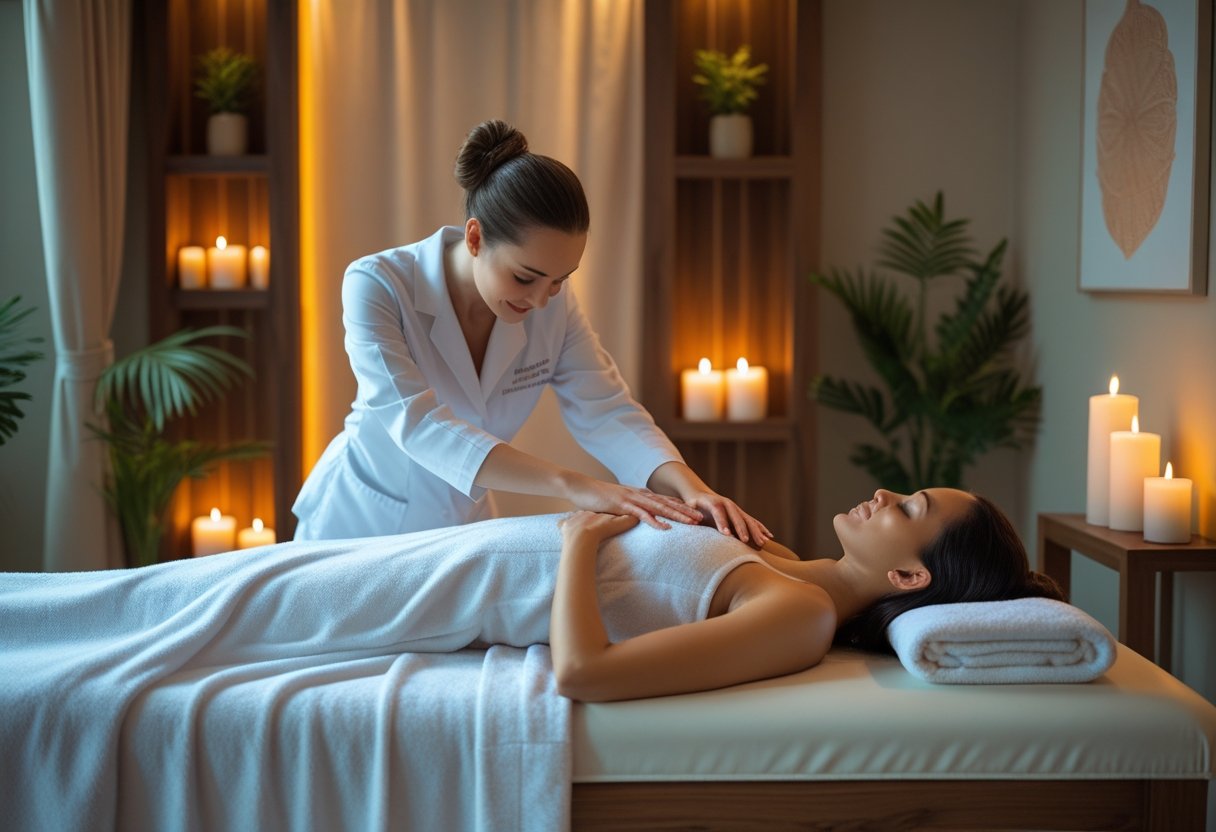 Ein entspannter Kunde erhält eine tantrische Massage in einem ruhigen und elegant eingerichteten Massageraum.
