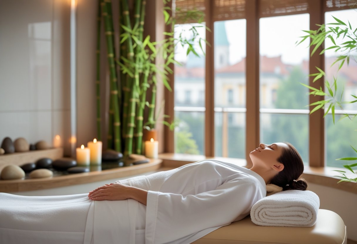 Ein ruhiger Massageraum in Wien mit einer Masseurin, die eine entspannende Tantra-Massage an einem liegenden Kunden durchführt.