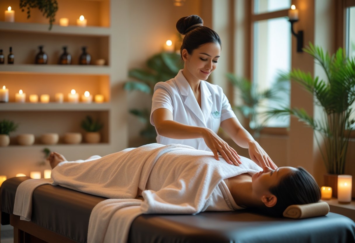 Ein Massagetherapeut führt eine Tantra-Massage an einem entspannten Klienten in einem ruhigen Spa-Raum durch.