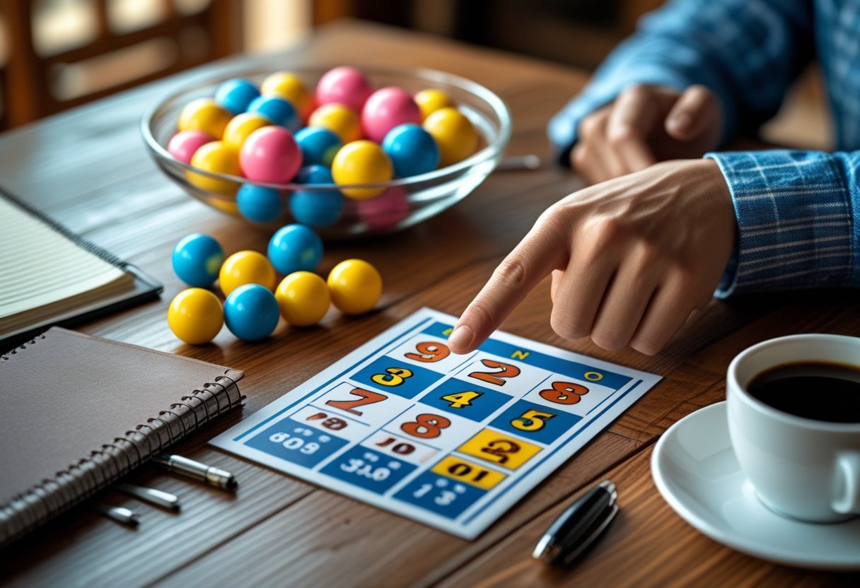 A hand pointing at a Keno card on a table with colorful Keno balls in a bowl and a notebook nearby.