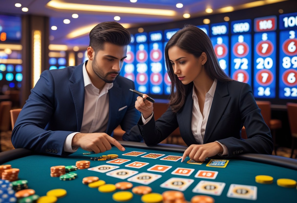 A man and woman sitting at a casino table studying Keno cards and chips with a digital Keno board in the background.