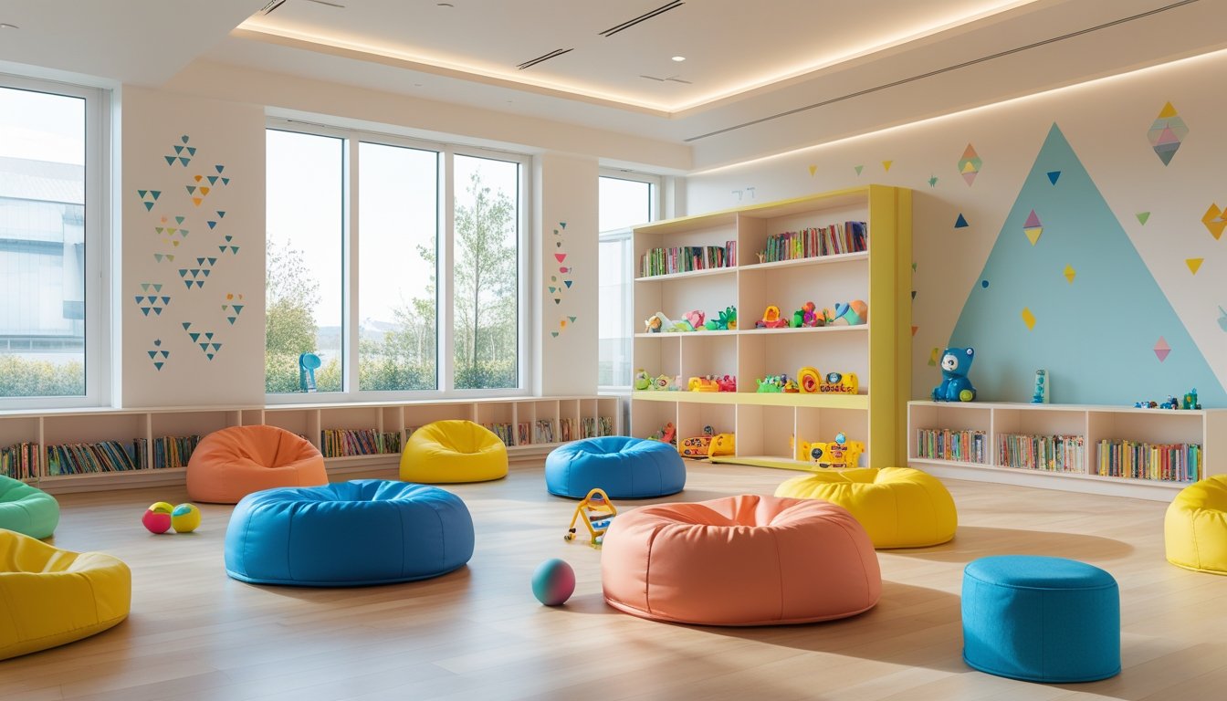 A modern kids' play area with a cozy reading corner, colorful bean bag chairs, toys on shelves, and large windows letting in natural light.