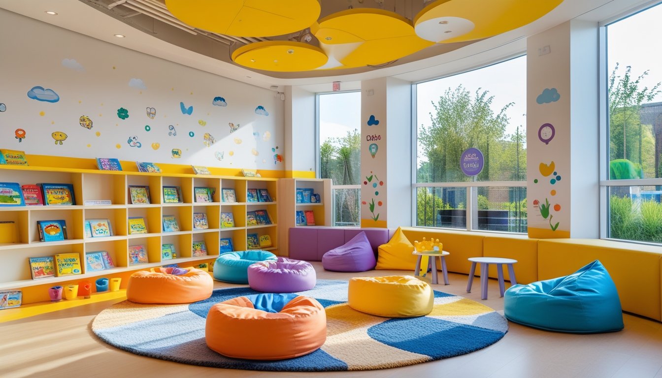 A children's play area with a cozy reading corner, colorful bean bags, bookshelves, and natural light.