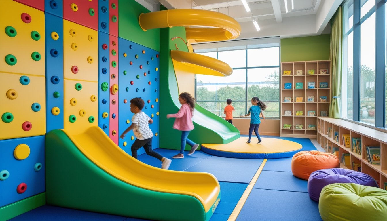 Children playing in a bright indoor play area with climbing wall, slide, movement mats, a cozy reading corner, and colorful bean bags.