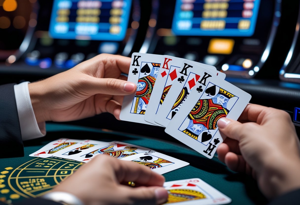 Close-up of hands holding a winning hand of Deuces Wild video poker cards at a casino table with a video poker machine in the background.