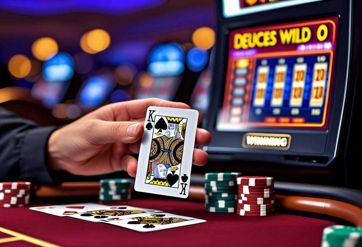 Close-up of a poker table with playing cards showing deuces as wild cards, poker chips, and a video poker machine screen displaying a winning hand.