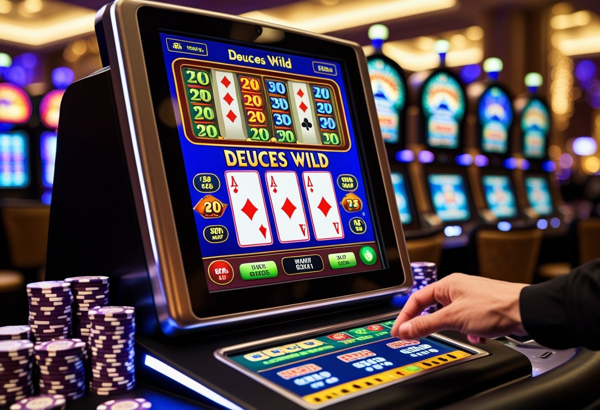 A person playing Deuces Wild video poker on a digital machine at a casino table with poker chips nearby.