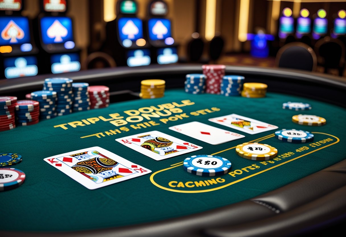 A casino poker table with playing cards and poker chips arranged for a game of Triple Double Bonus Poker.