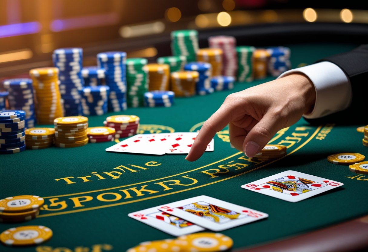 Close-up of a poker table with poker chips and playing cards arranged for a game.