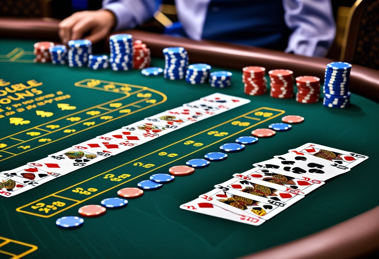 A casino poker table showing poker cards arranged to display winning hands and chips indicating payouts for Triple Double Bonus Poker.