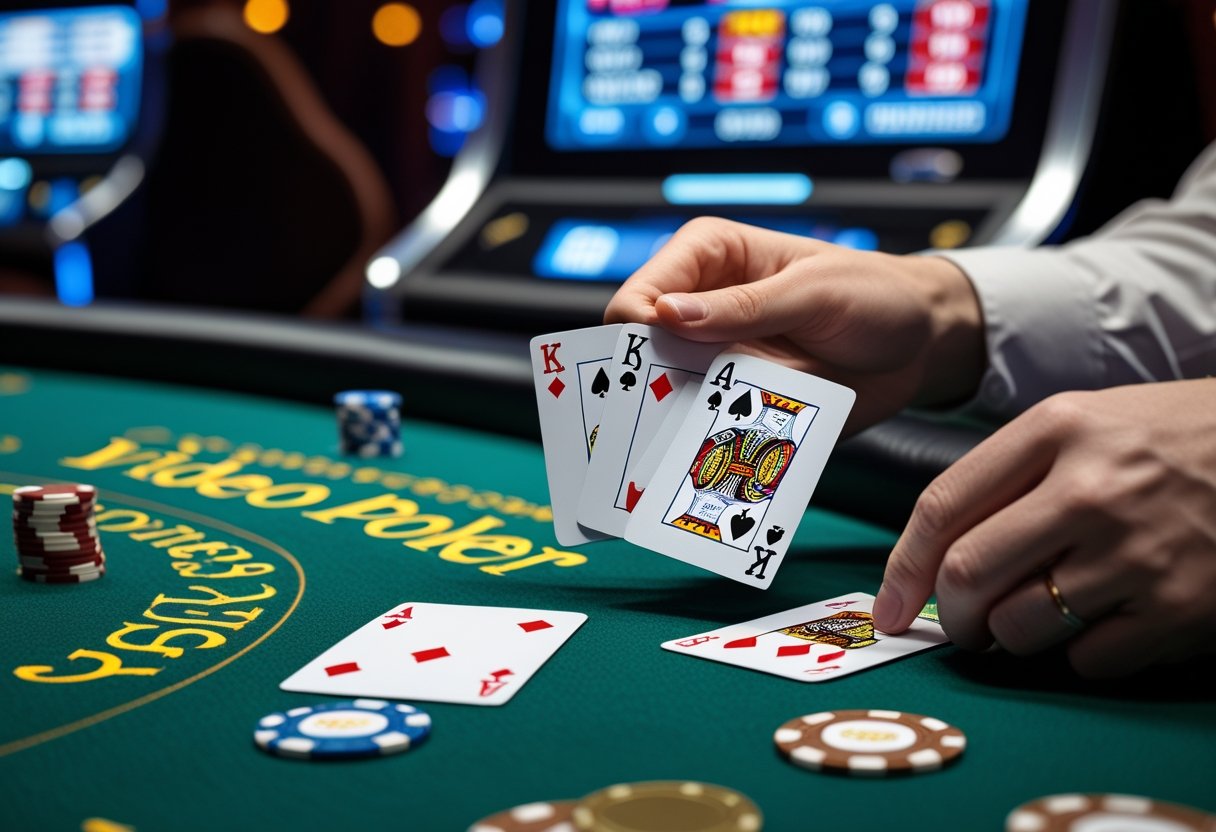 Close-up of a person's hands holding playing cards at a casino table with poker chips and a video poker machine in the background.