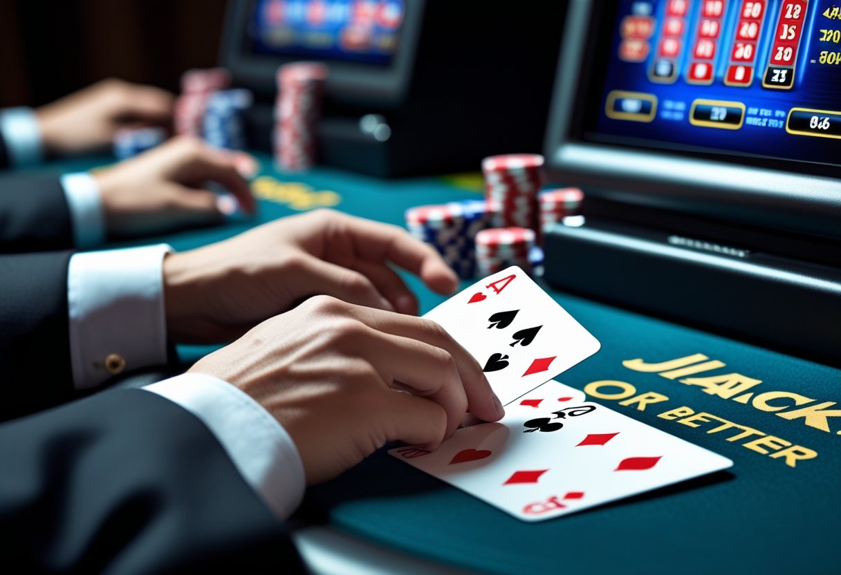 Close-up of hands playing video poker with cards and chips on a casino table.