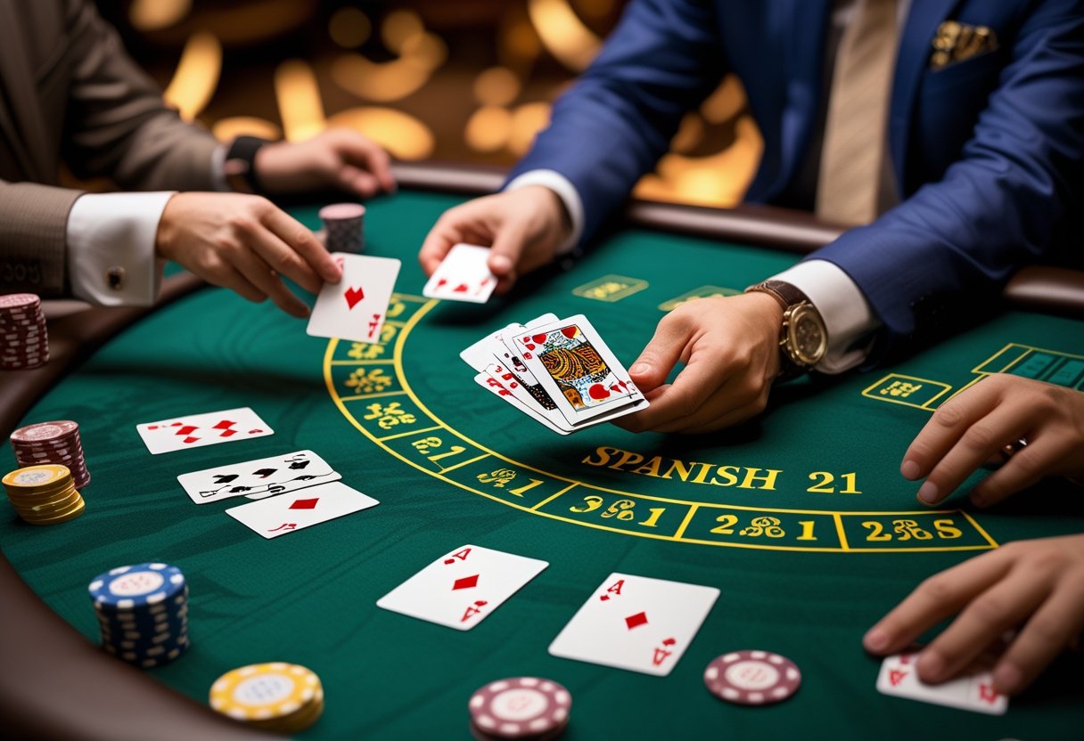 A casino table with players and a dealer dealing cards for a game of Spanish 21, showing cards and chips on a green felt surface.
