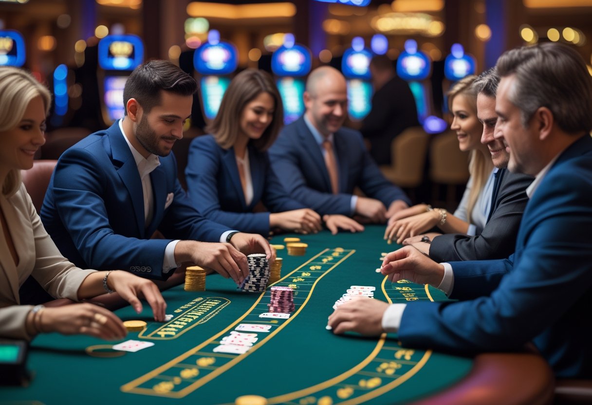 A group of people playing Spanish 21 at a casino table with a dealer dealing cards.