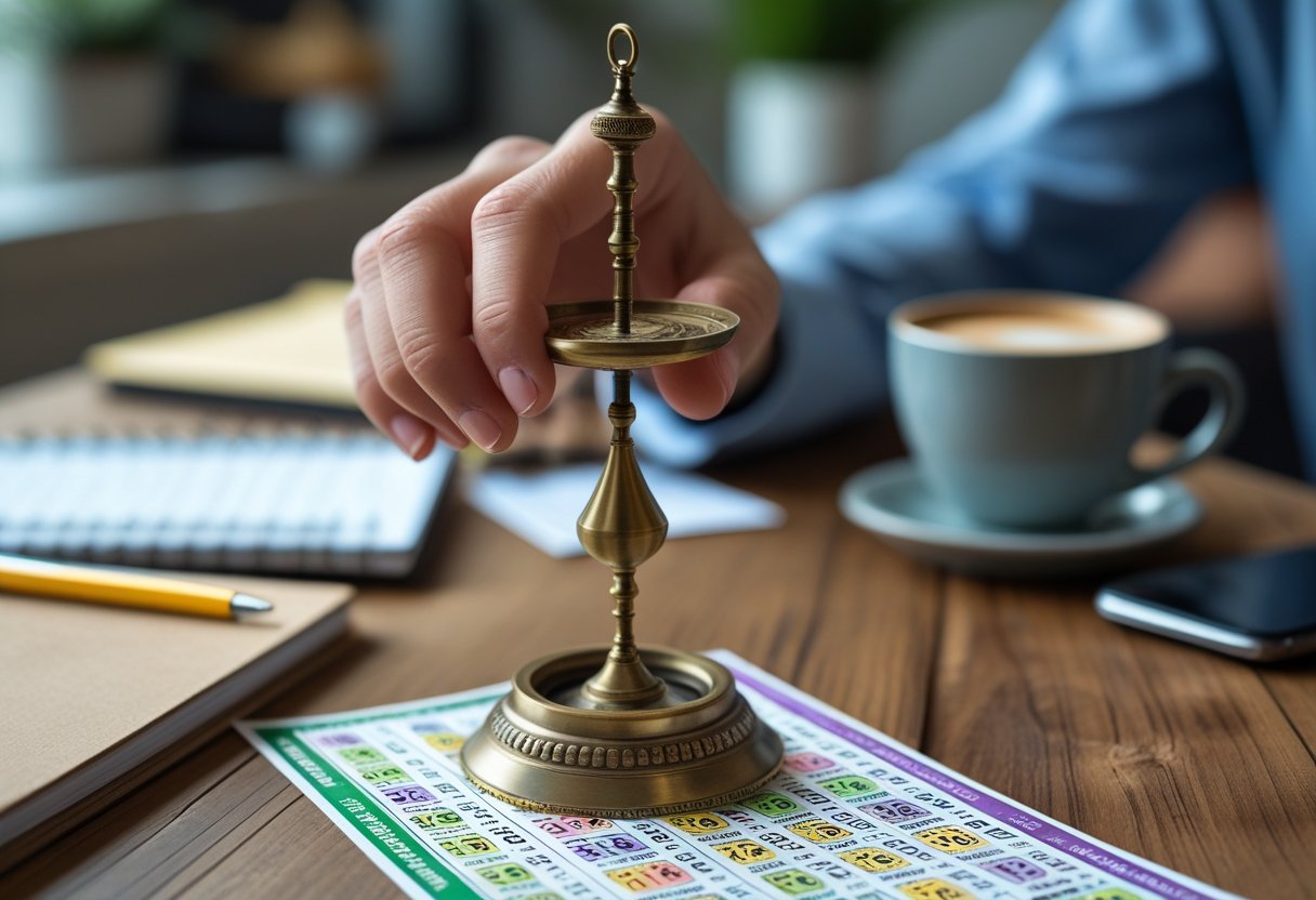 A hand holding a brass pendulum over a lottery ticket on a wooden table in a cozy home office.
