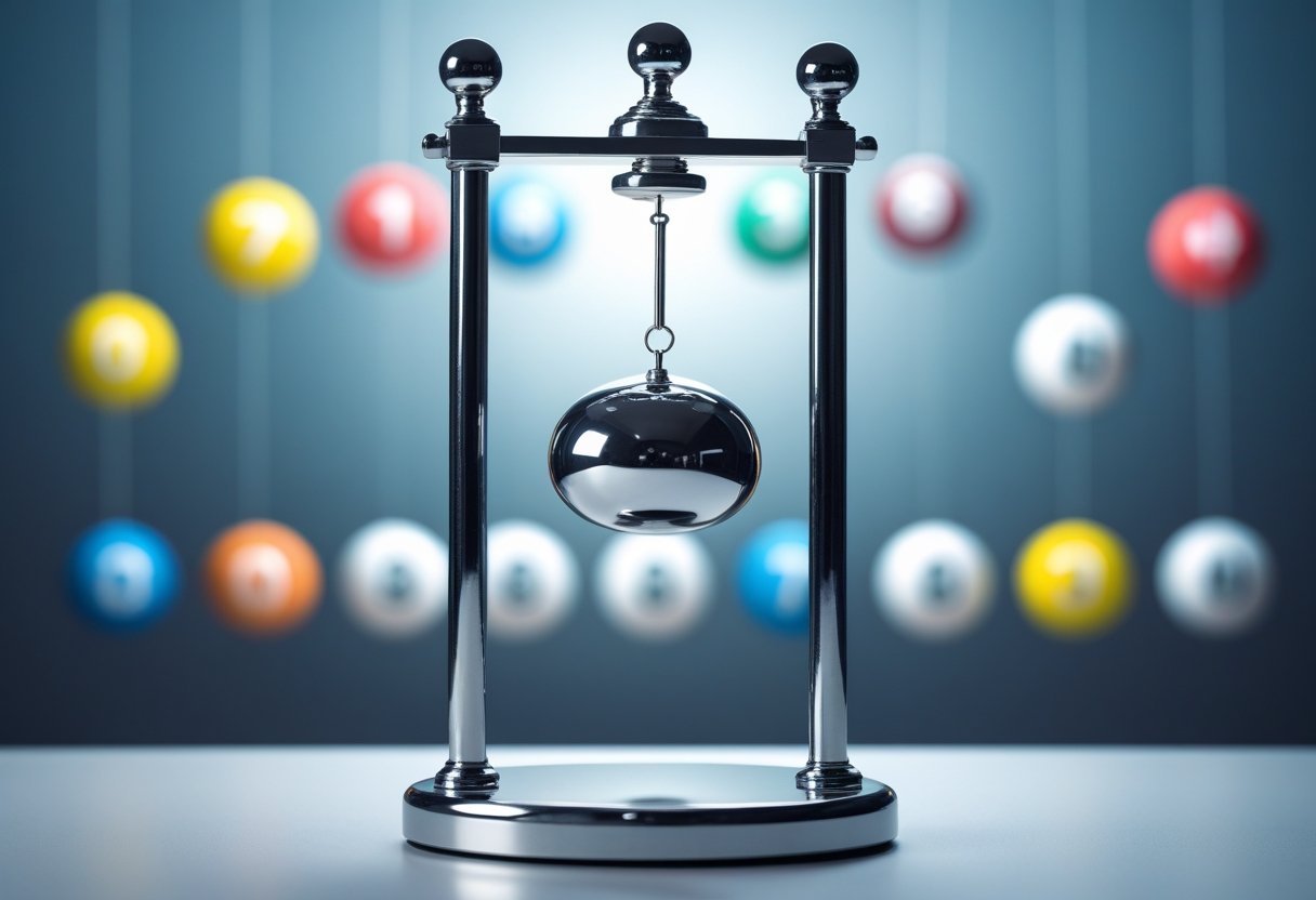 A pendulum swinging in front of blurred lottery balls and numbers.