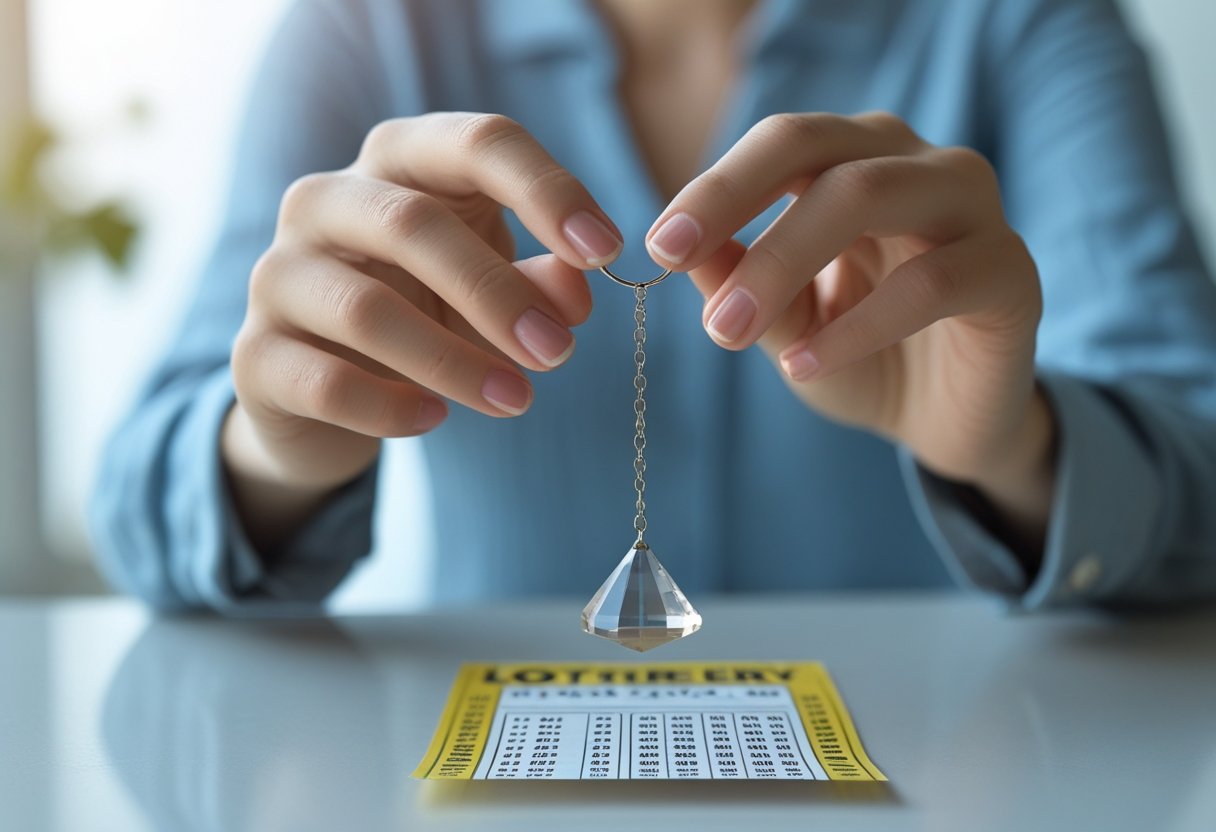 Close-up of hands holding a pendulum swinging over a lottery ticket on a table.