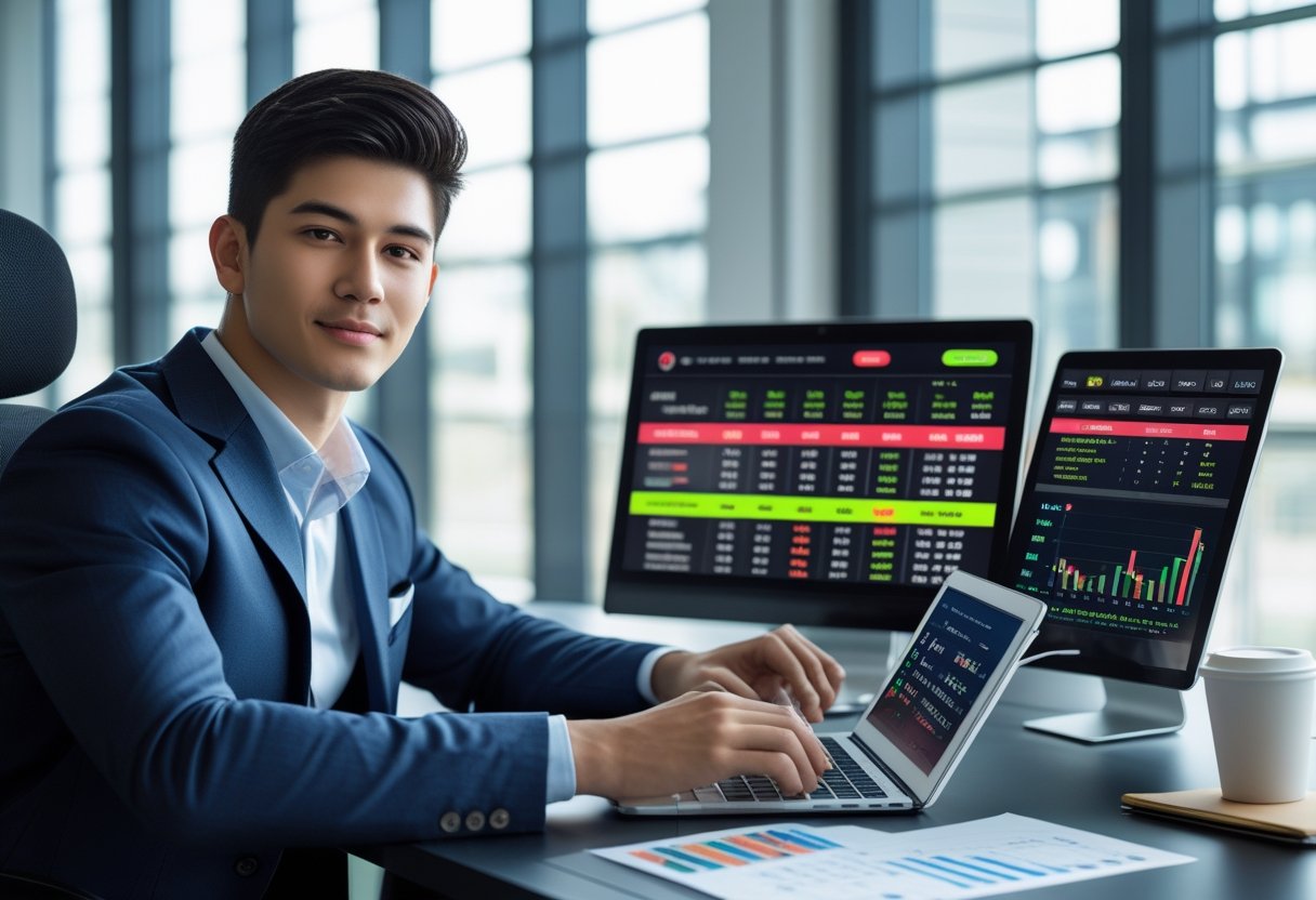 A young man at a desk analyzing sports betting data on digital devices with charts and graphs in a bright office.