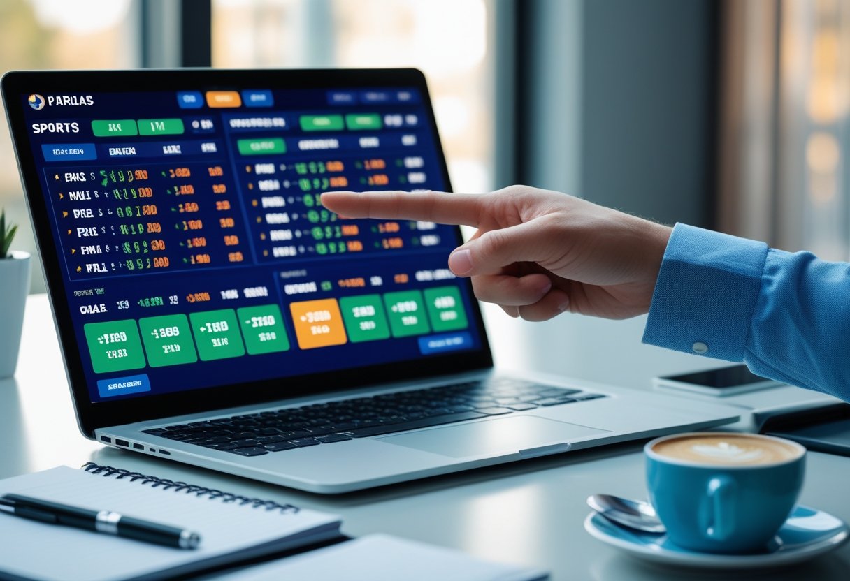 A person analyzing sports betting odds on a laptop and smartphone at a desk with a notepad and coffee.