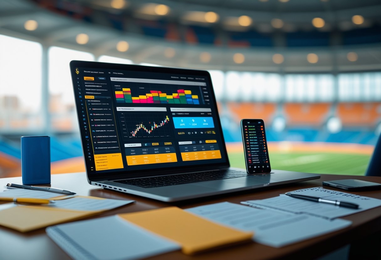 A workspace with a laptop showing betting charts, notes, a pen, and a smartphone with a sports app, set against a blurred sports background.