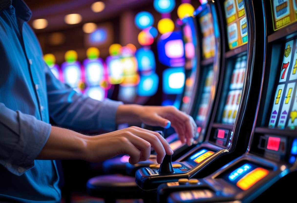 Close-up of a person’s hands subtly manipulating a slot machine lever in a casino with blurred slot machines in the background.