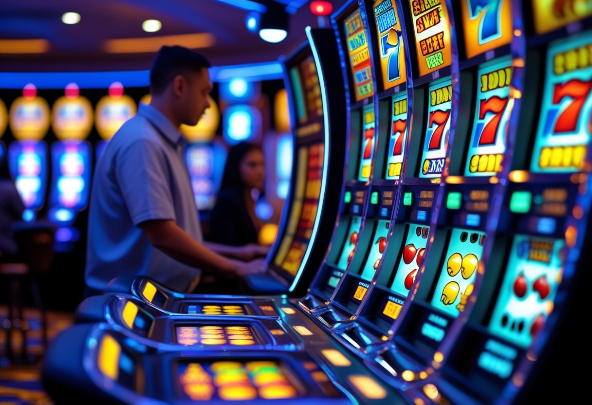 Close-up of a modern slot machine with colorful reels in a casino, showing security cameras and a person observing nearby.