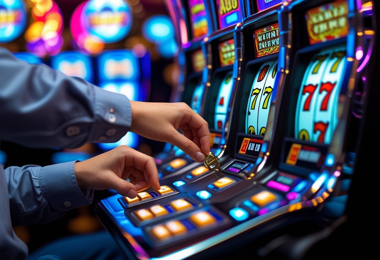 Close-up of hands secretly manipulating a slot machine in a casino.