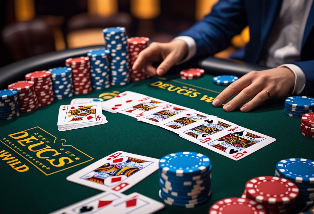 A casino table with playing cards showing deuces and poker chips arranged for a card game.