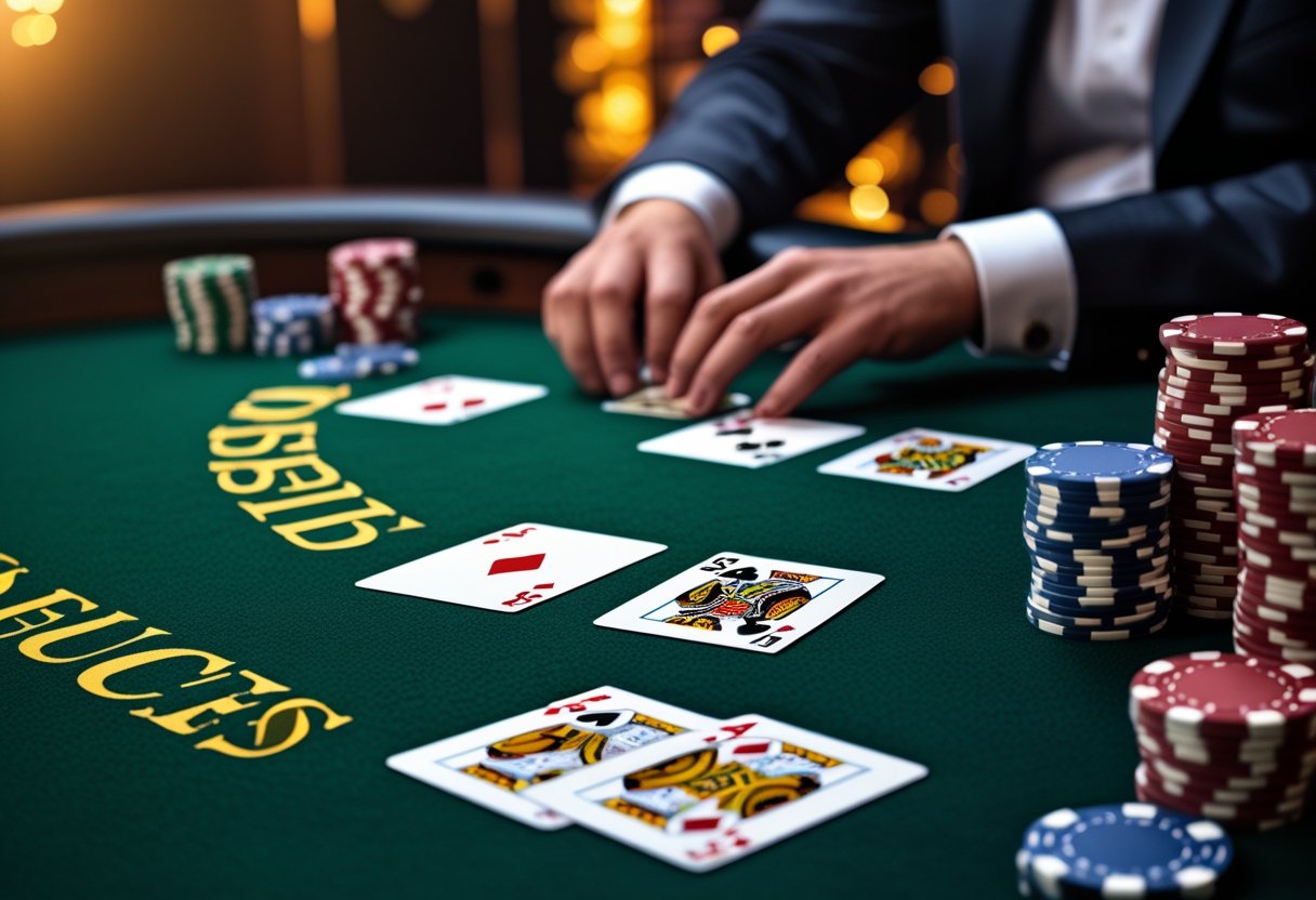 A casino poker table with playing cards and poker chips, showing a dealer dealing cards in a casino setting.