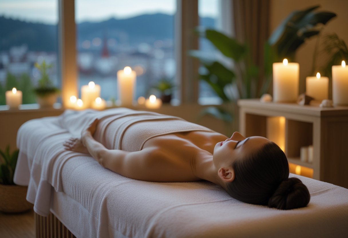 Ein ruhiger Massageraum mit einer Massageperson, die eine entspannte Kundin bei einer Tantra-Massage behandelt, mit Pflanzen und Kerzen im Hintergrund.