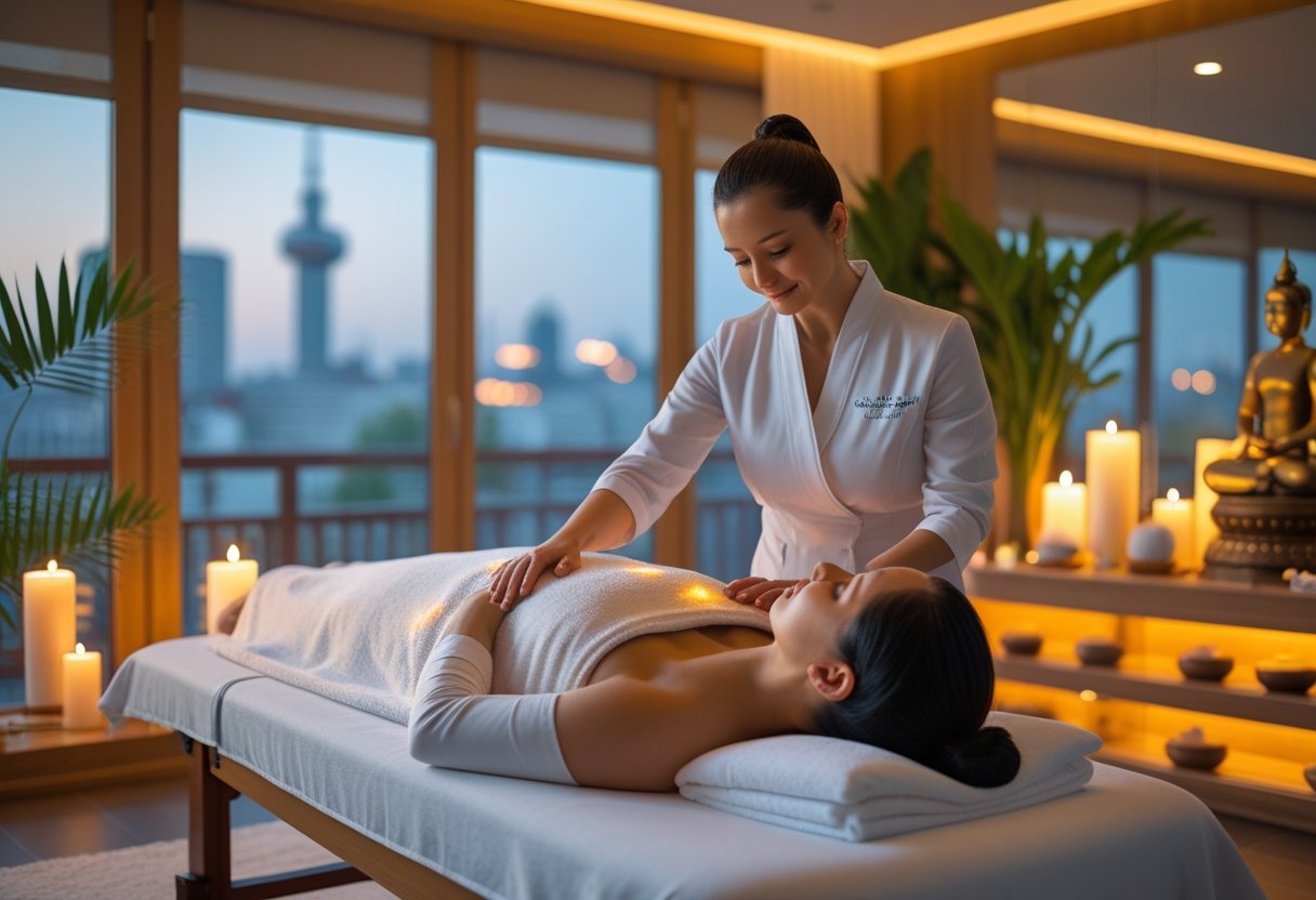 Ein entspannter Klient erhält eine professionelle Tantra-Massage in einem ruhigen, stilvollen Spa-Raum in Zürich.