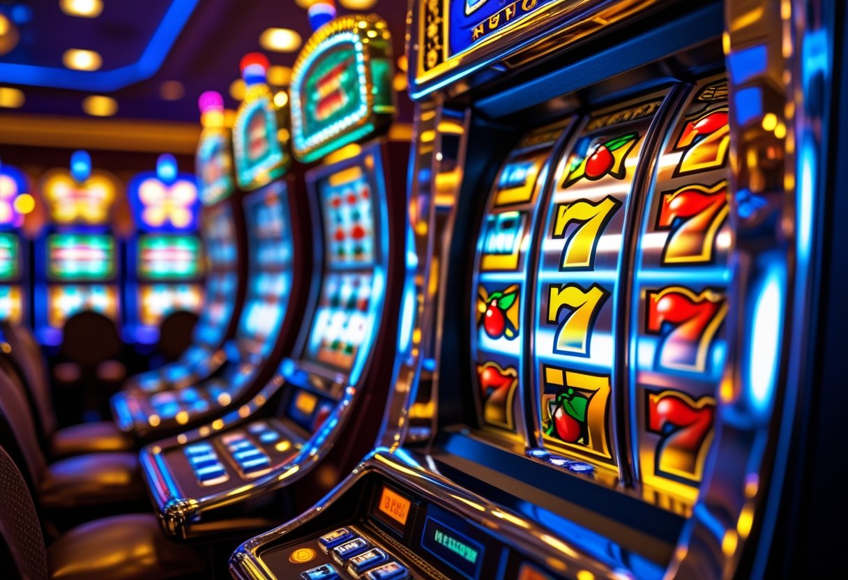 Close-up of a slot machine with colorful spinning reels in a casino setting.