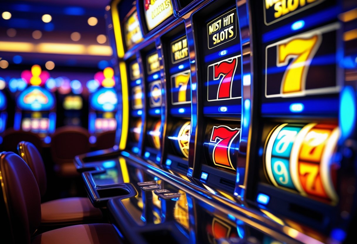Close-up of a slot machine with spinning reels in a casino setting with blurred slot machines and lights in the background.