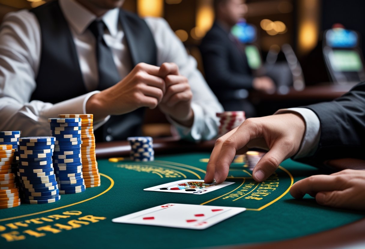 A person playing blackjack at a casino table, looking at cards and a strategy guide while the dealer deals cards.