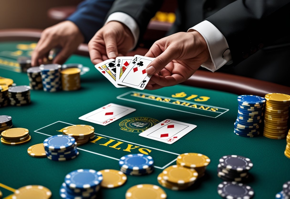 A casino blackjack table with dealer's hands dealing cards and stacks of chips on the green felt surface.
