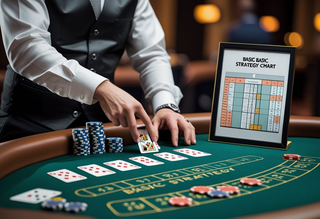 A dealer and a player at a blackjack table with cards and chips, the player referencing a basic strategy chart.