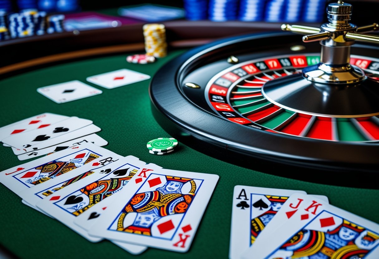 Close-up of a roulette wheel spinning on a green table with playing cards laid out nearby.