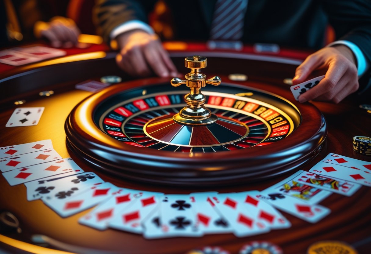 Close-up of hands playing roulette with a roulette wheel and playing cards on a wooden table.