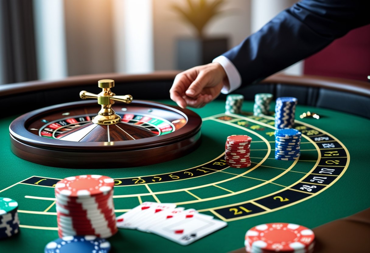 A roulette wheel with playing cards arranged around it on a green felt table, with poker chips and a dealer's hand ready to spin the wheel.