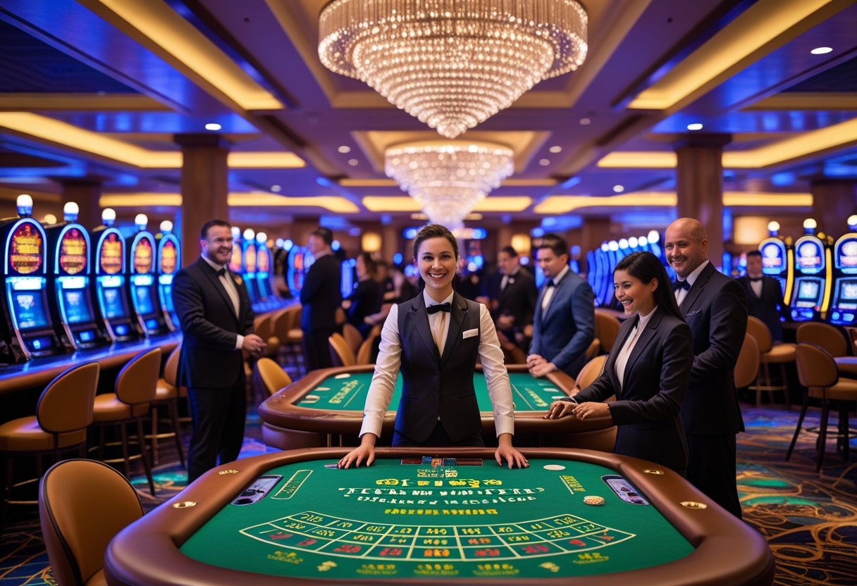 Interior of a lively casino with people playing poker, blackjack, and slot machines under warm lighting.