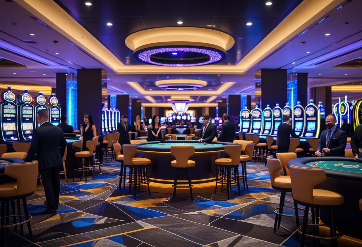 Interior of a modern casino with people playing card games and slot machines in a lively and upscale setting.