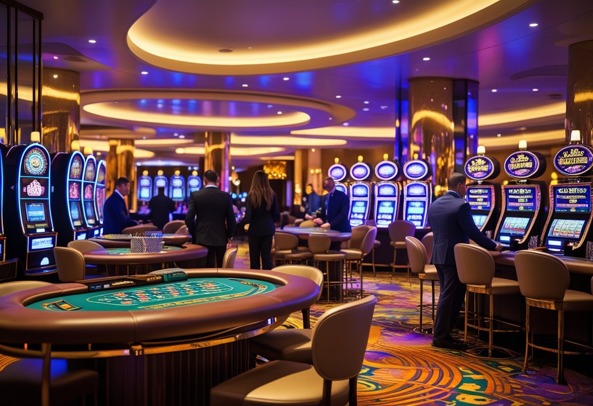 A luxurious casino interior with gaming tables, slot machines, and well-dressed players enjoying games in a lively, elegant setting.