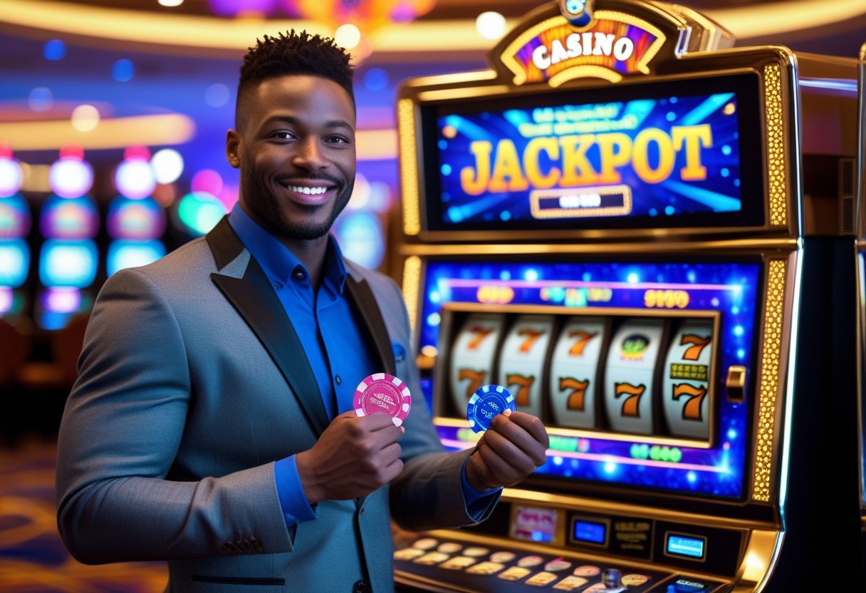 A smiling man holding casino chips stands in front of a jackpot machine in a casino.