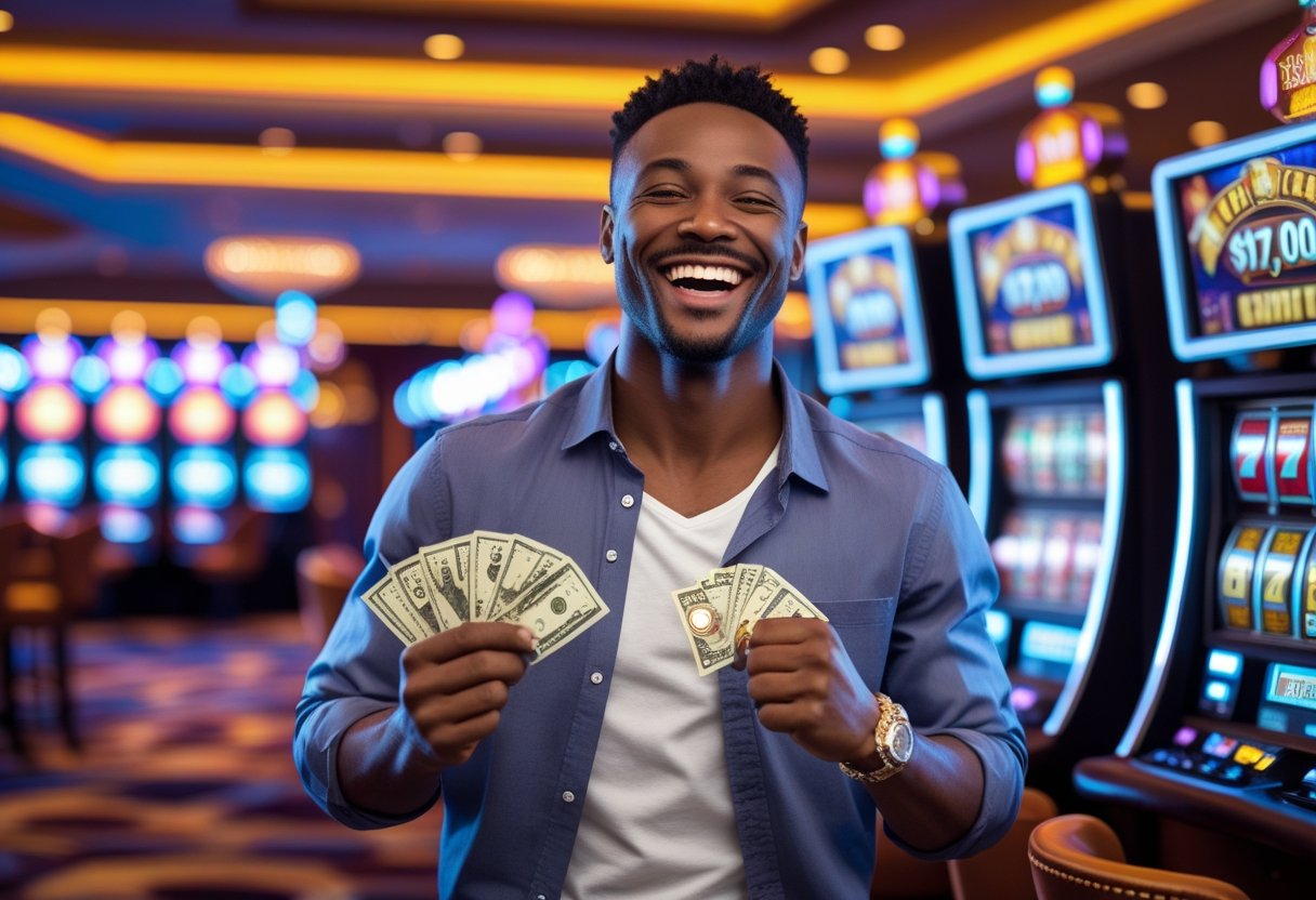 A joyful man celebrating a big jackpot win in a casino, holding casino chips and cash with slot machines in the background.