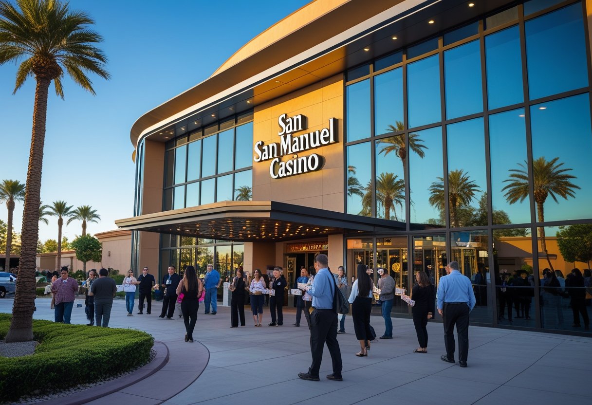 Exterior view of San Manuel Casino with visitors entering the building surrounded by landscaping and palm trees.