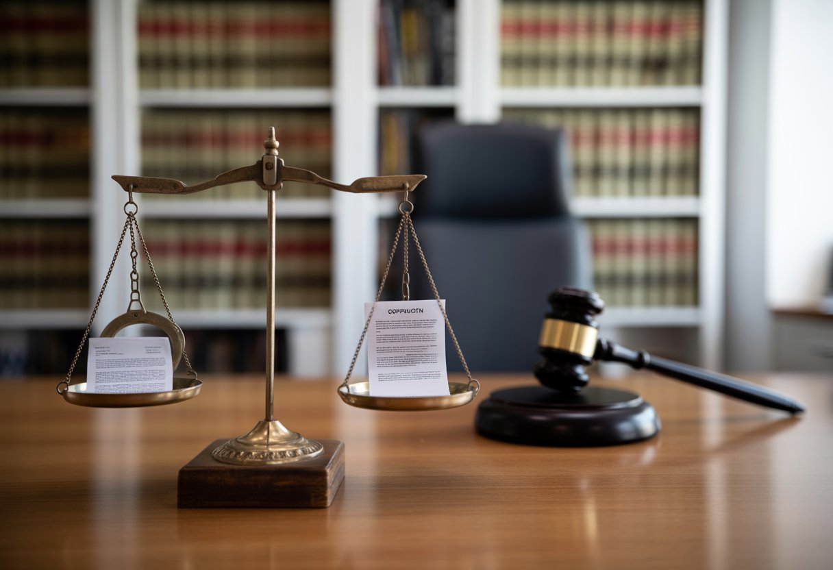 Van taakstraf tot celstraf: de straffen voor zedendelicten helder uitgelegd 1 Een weegschaal van gerechtigheid met handboeien aan de ene kant en een document aan de andere kant, in een rechtszaal met boeken en een hamer op een bureau.