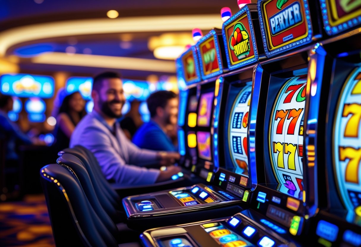 Close-up of a slot machine with colorful reels spinning in a casino, with people enjoying the gaming environment in the background.